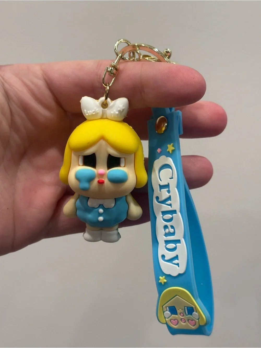 Crybaby Blue Kawaii Crying Girl PVC Keychain Wristlet Bag Charm Gold Tone Y2K